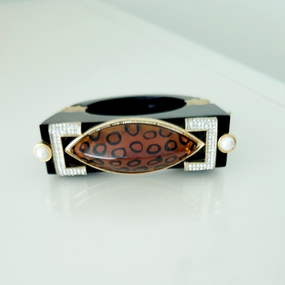 Unusual black enamel/animal print cuff bracelet